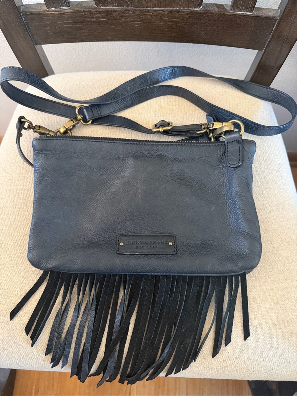 Lucky Brand Leather Fringe Crossbody Purse Brass Hardware Boho Western Black